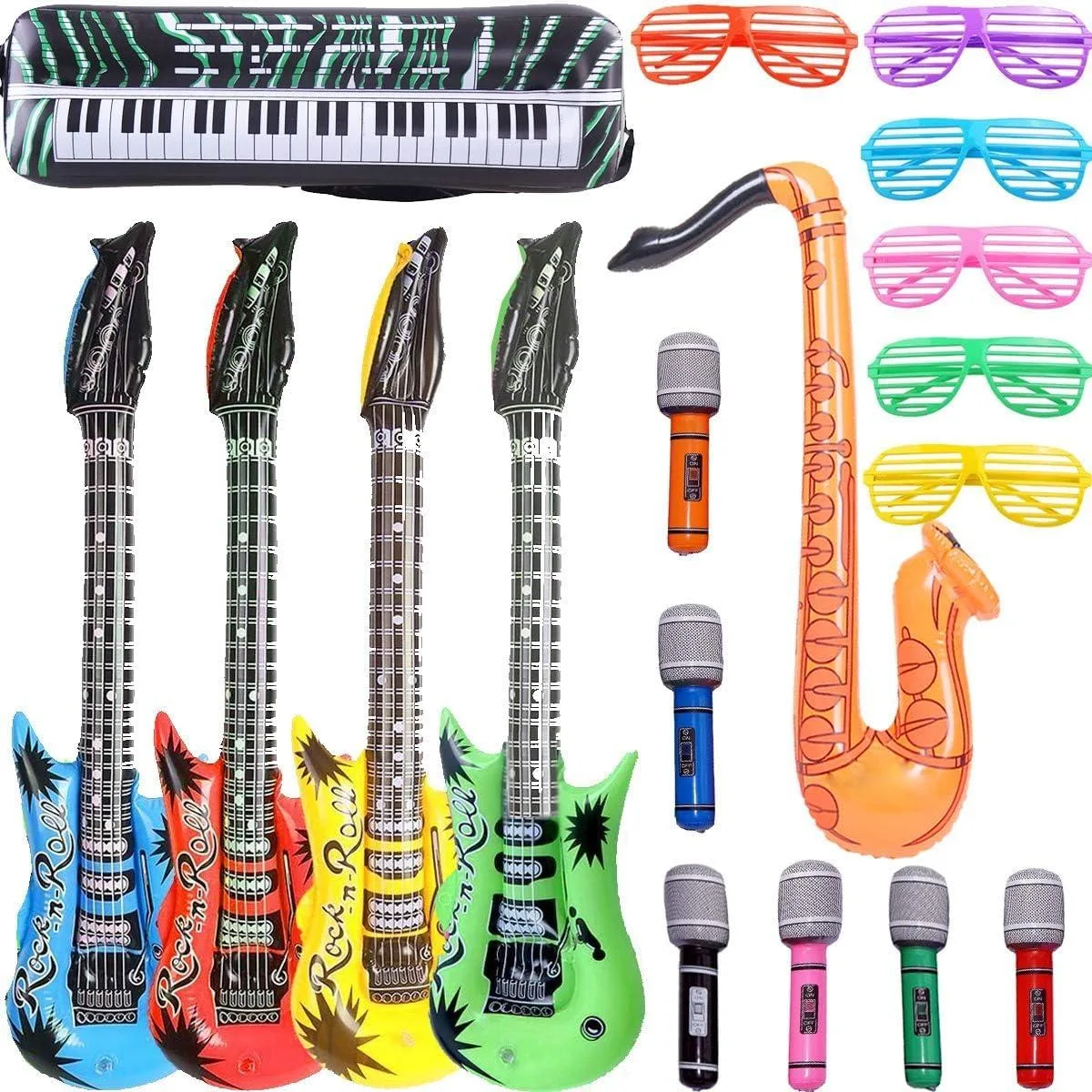 Eighteen inflatable rock-star props: guitars, microphones, saxophone, keyboard and shutter glasses
