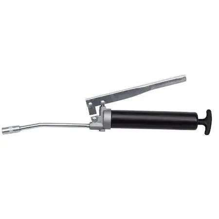 Silver lever-action grease gun with rigid pipe nozzle and black steel tube