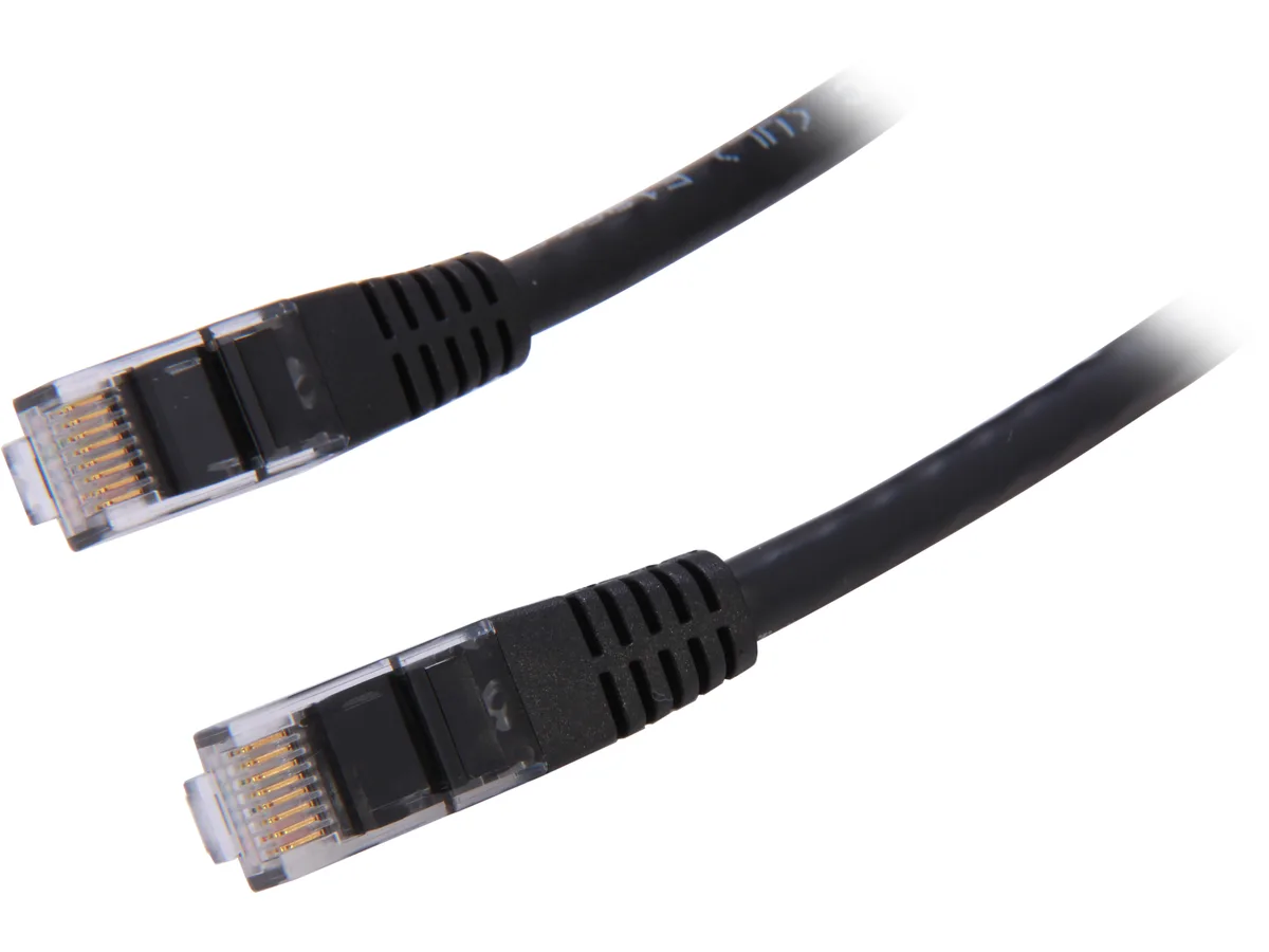 Black Cat 6 patch cable with moulded RJ45 connectors on both ends, five feet long