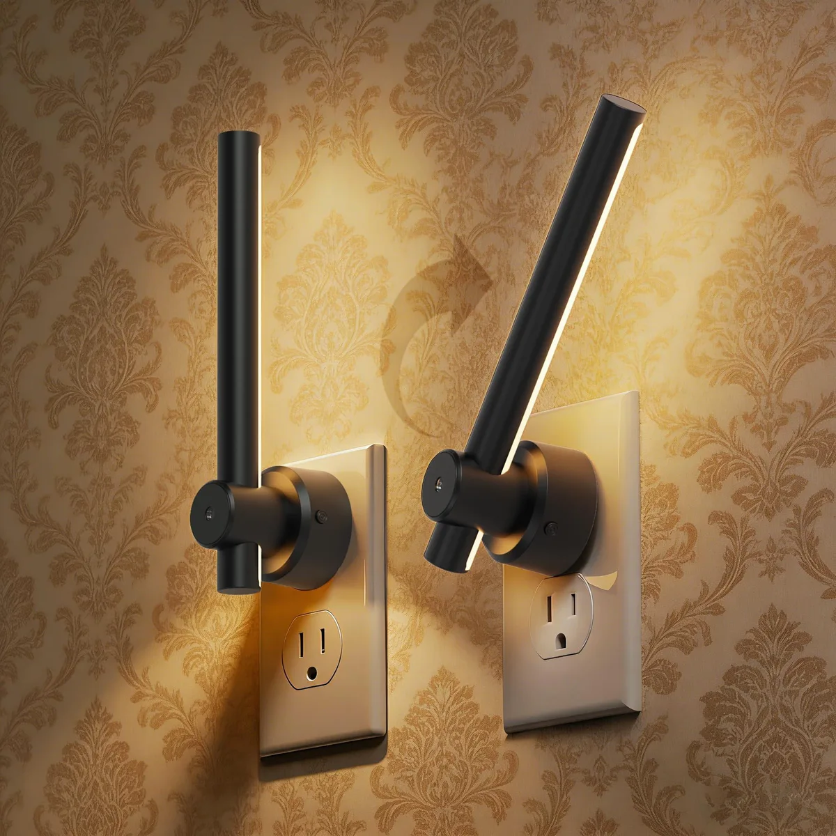Two black plastic night lights with rotatable plugs and dimmer switches