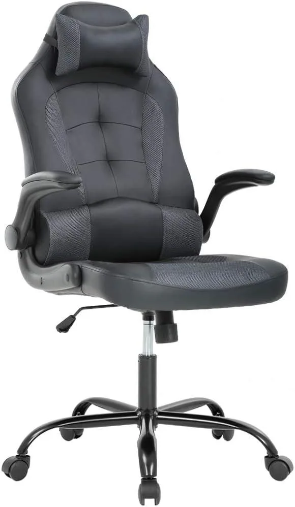 PISKEKAT PISKEKAT Office Chair Grey PU Leather Ergonomic High Back Lumbar Support Flip-Up Arms Headrest — product photo