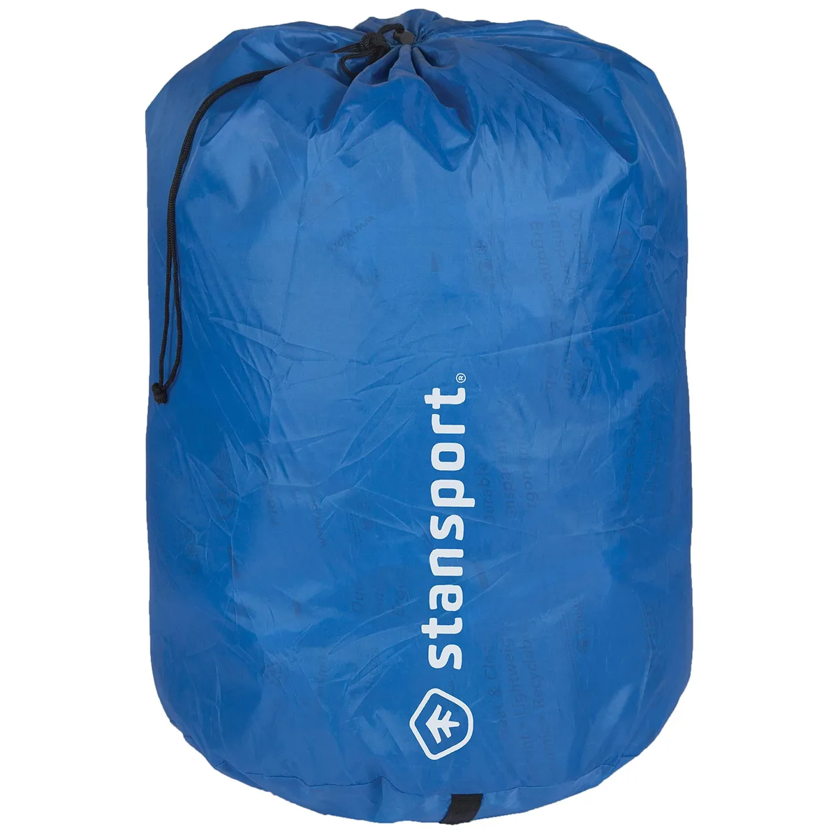 Blue cylindrical stuff sack with drawstring closure and webbing handle