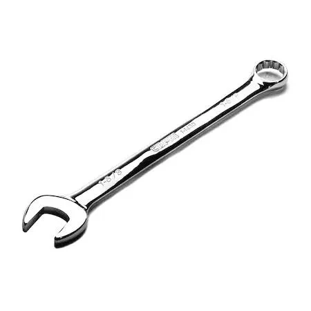 A polished steel combination wrench, 12-point box end, 15-degree offset, 1-5/8 inch SAE size