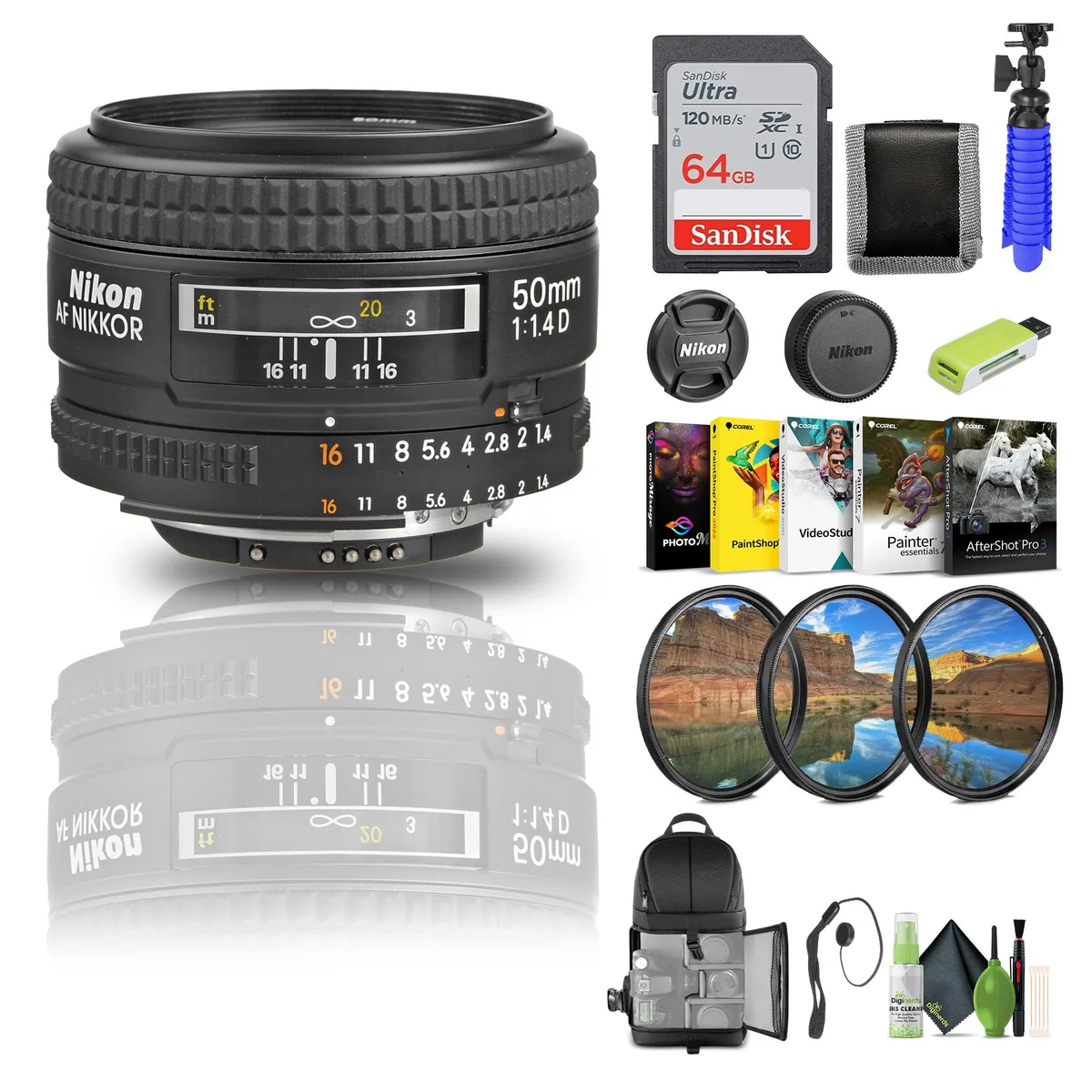Nikon Inc Nikon AF NIKKOR 50mm f/1.4D Lens (1902) Bundle with 64GB Card, 52mm Filters, Backpack — product photo