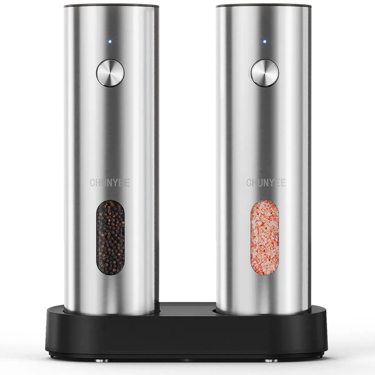 Pair of blue glass electric grinders on a charging base