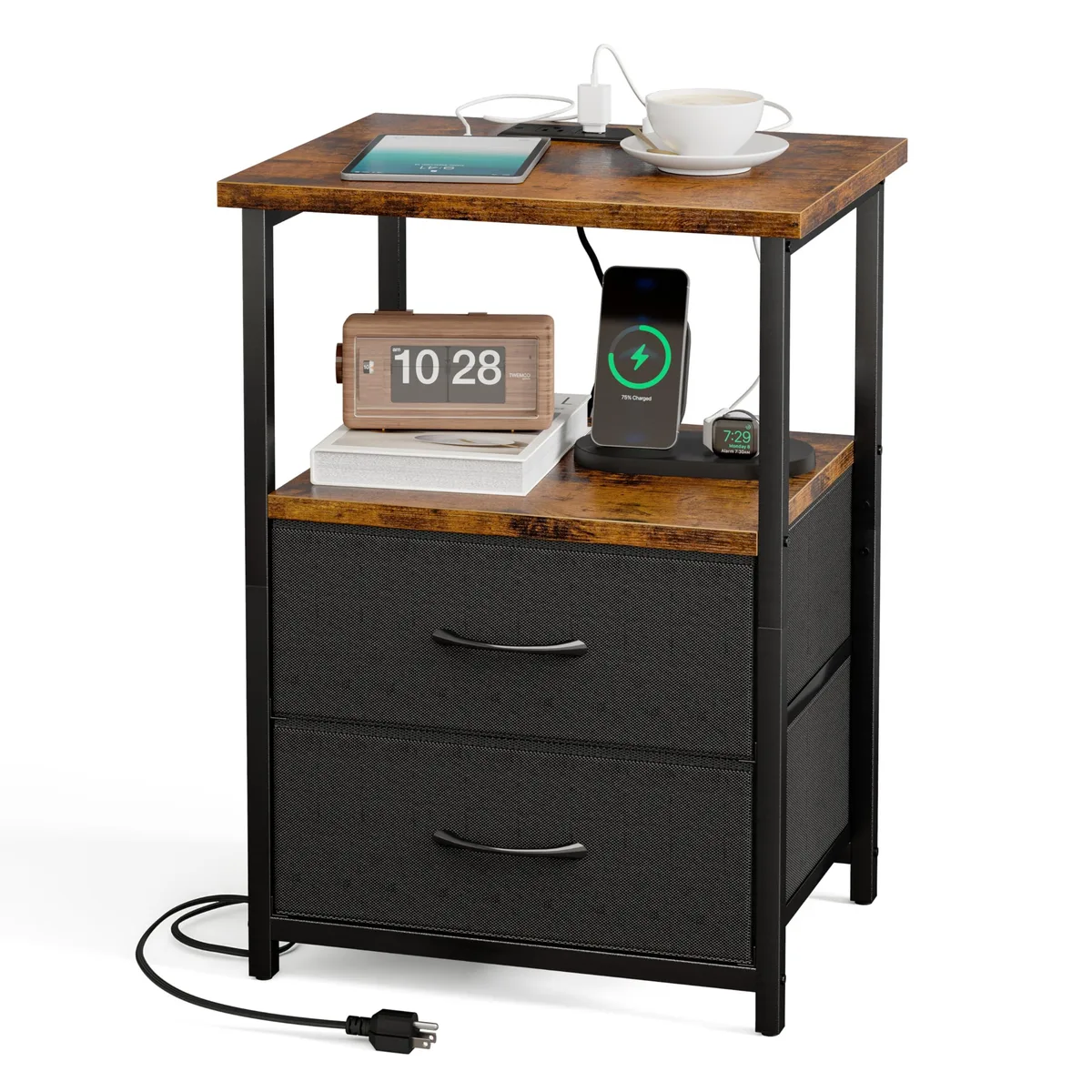 Rustic brown and black nightstand with two fabric drawers, metal frame, charging station, adjustable feet
