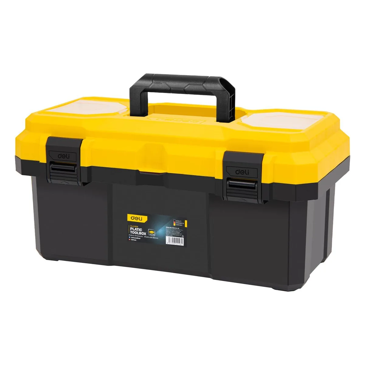 Blue plastic tool box with removable tray and carry handle