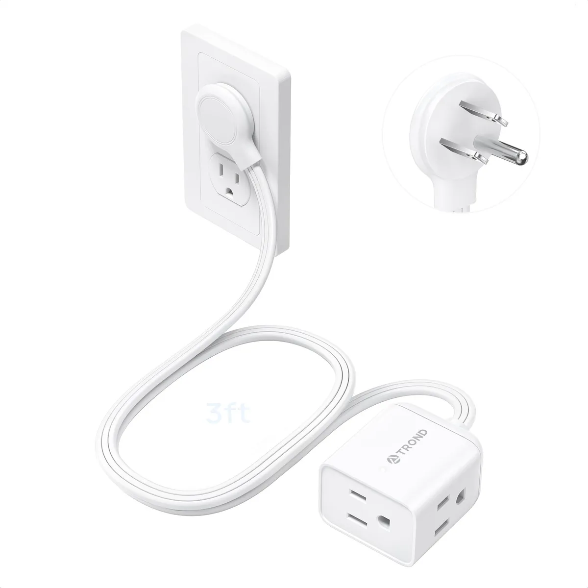 TROND TD-EC-US01R power extension cord 3 ft right angled flat plug 3 outlets 13A 125V 1625W 16 gauge white — product photo