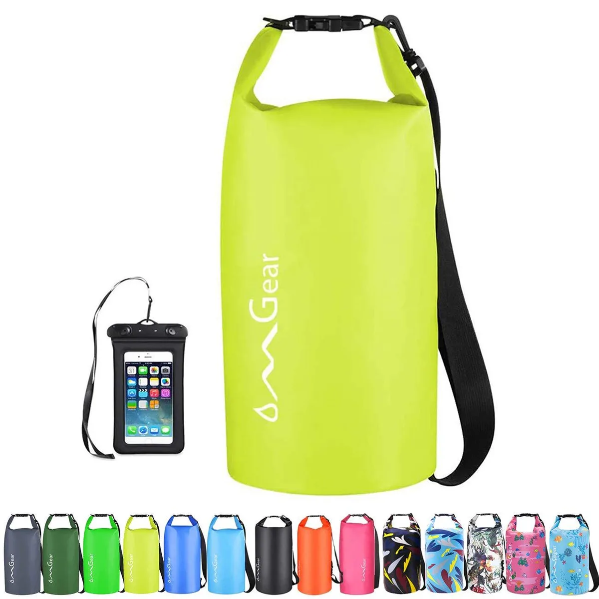 Bright yellow 10 litre waterproof dry bag backpack with roll-top closure and adjustable shoulder straps