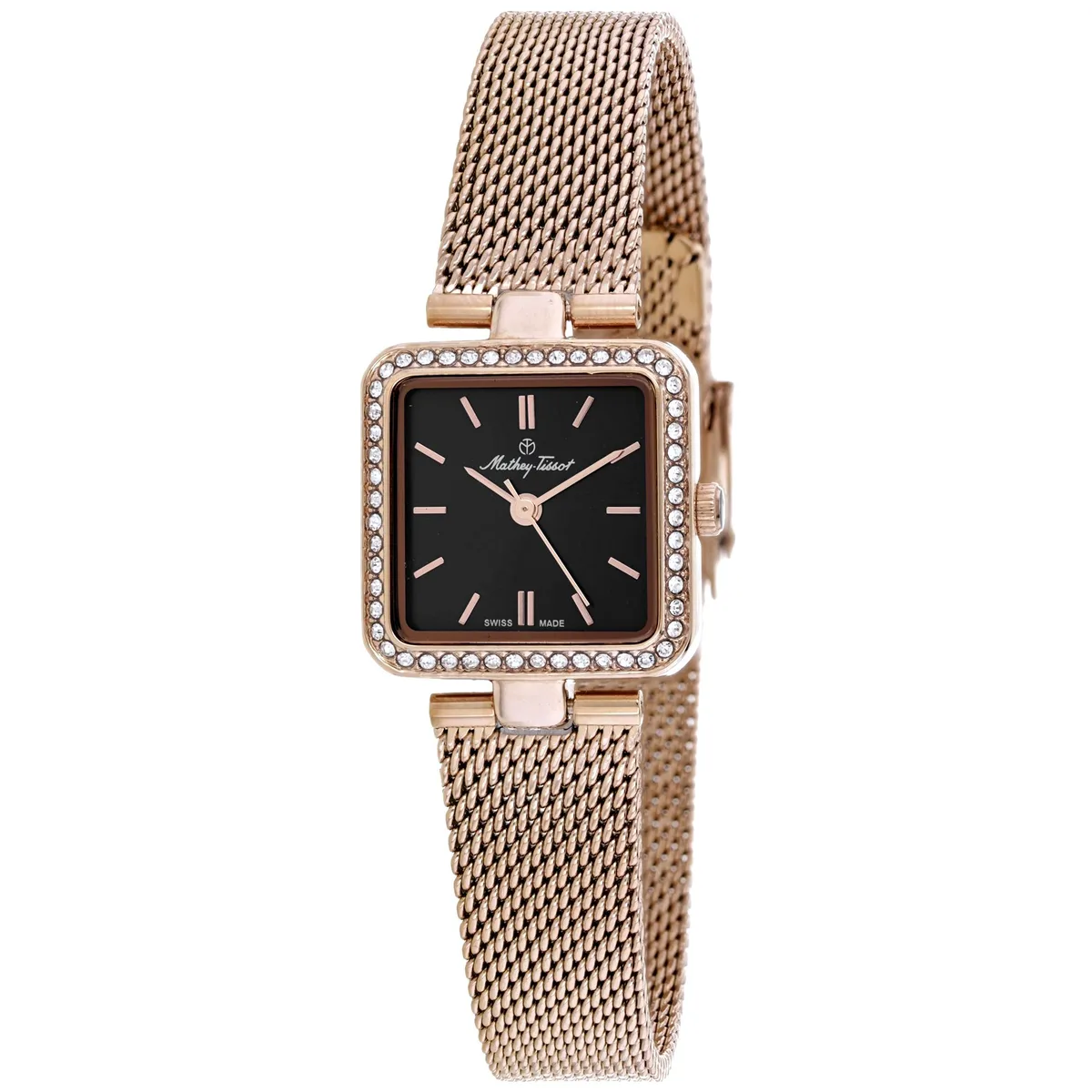 Stainless steel watch with black dial and metal bracelet