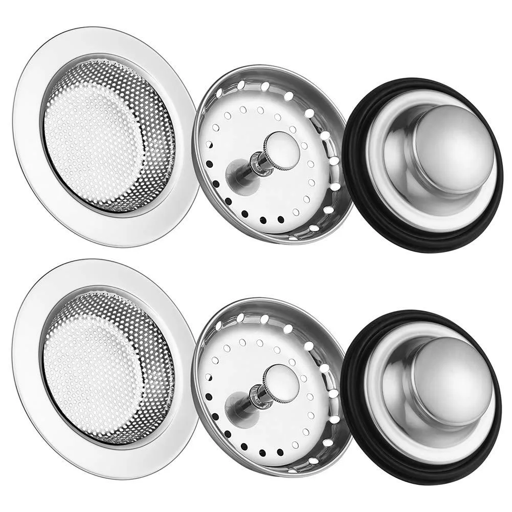 Six stainless steel sink strainers with perforated baskets and silicone base rings