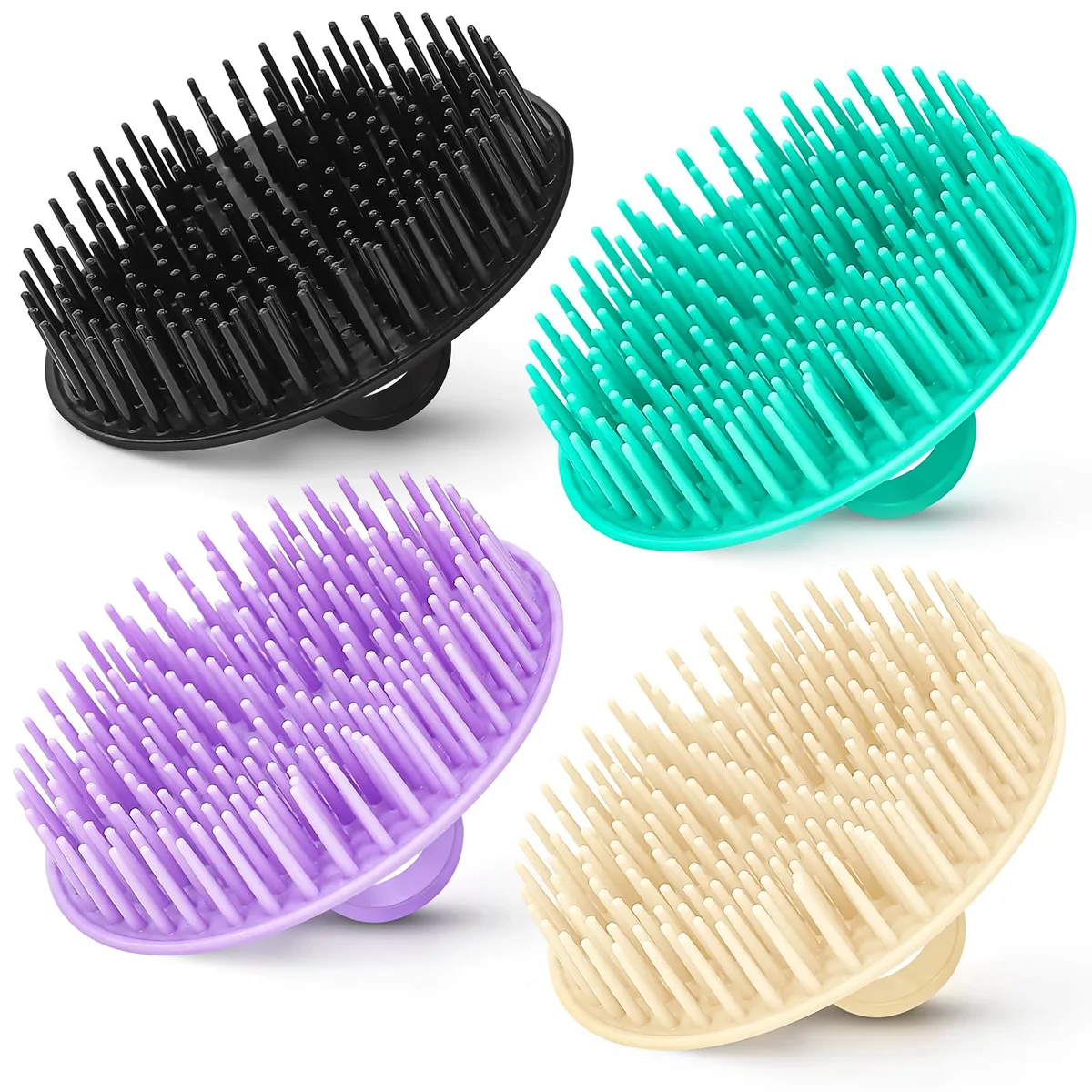 Four handheld scalp massagers in black, starlight, teal and lavender, each with soft bristles and a curved handle