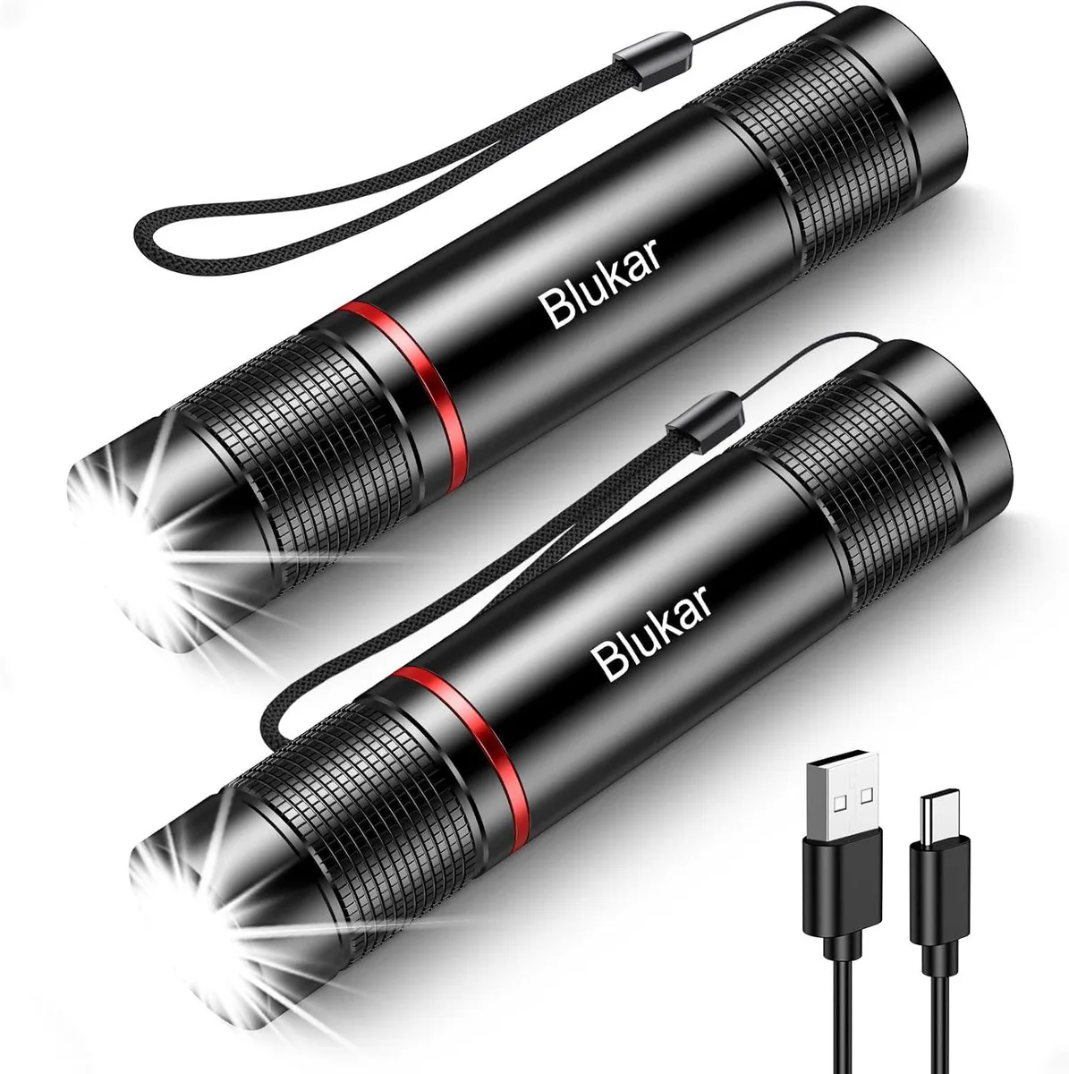 Two compact aluminium flashlights with USB-C cables, zoomable heads and matte finish