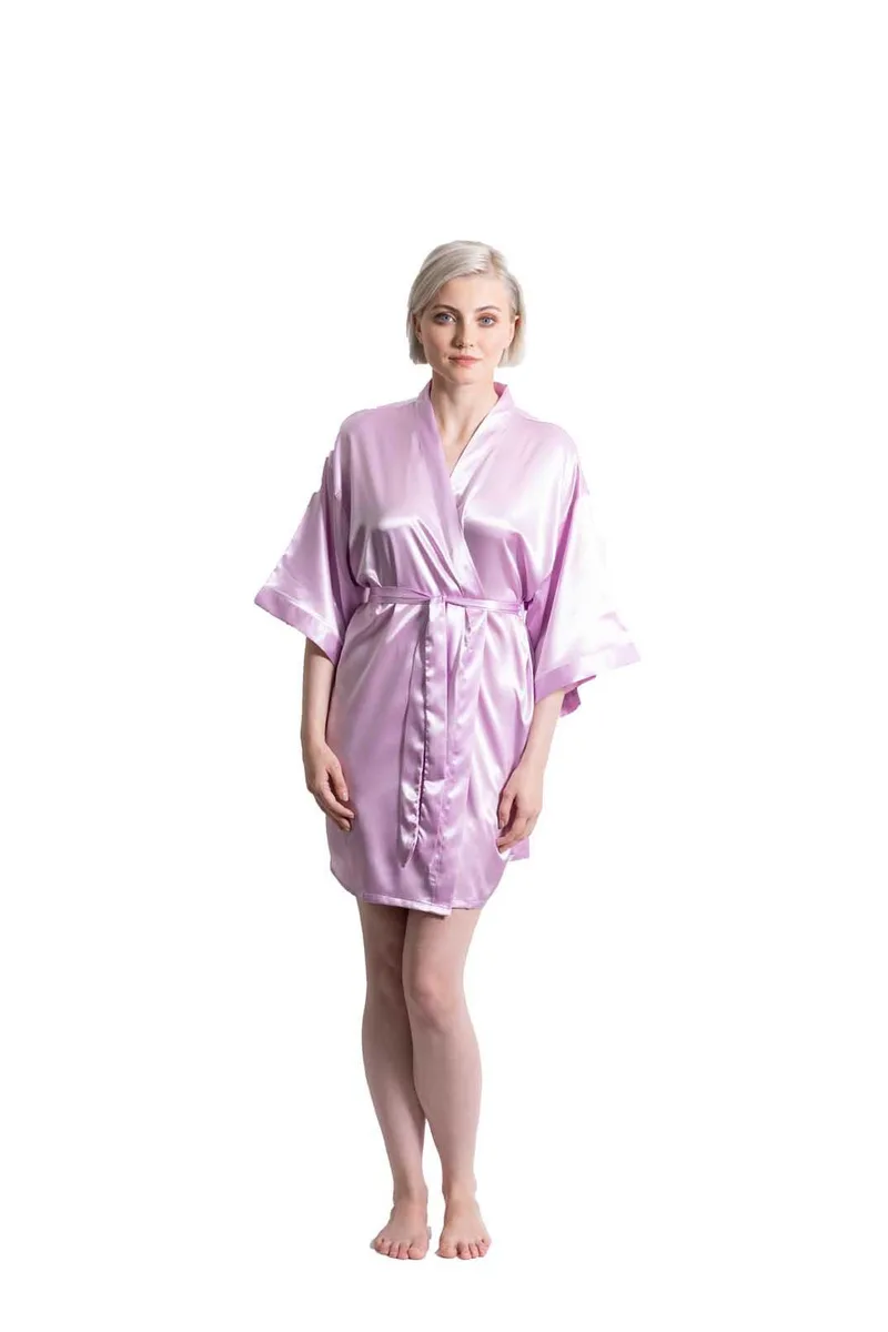 Lilac short satin kimono robe with waist tie, 3/4 sleeves, lightweight silky finish