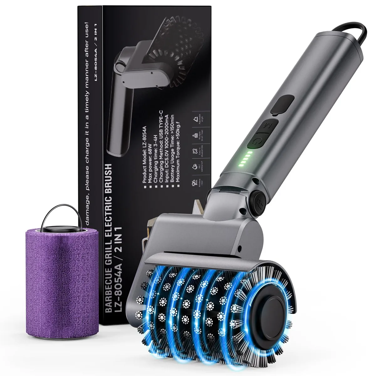 Cordless electric grill cleaner with two brush heads, grey plastic handle, adjustable angle head
