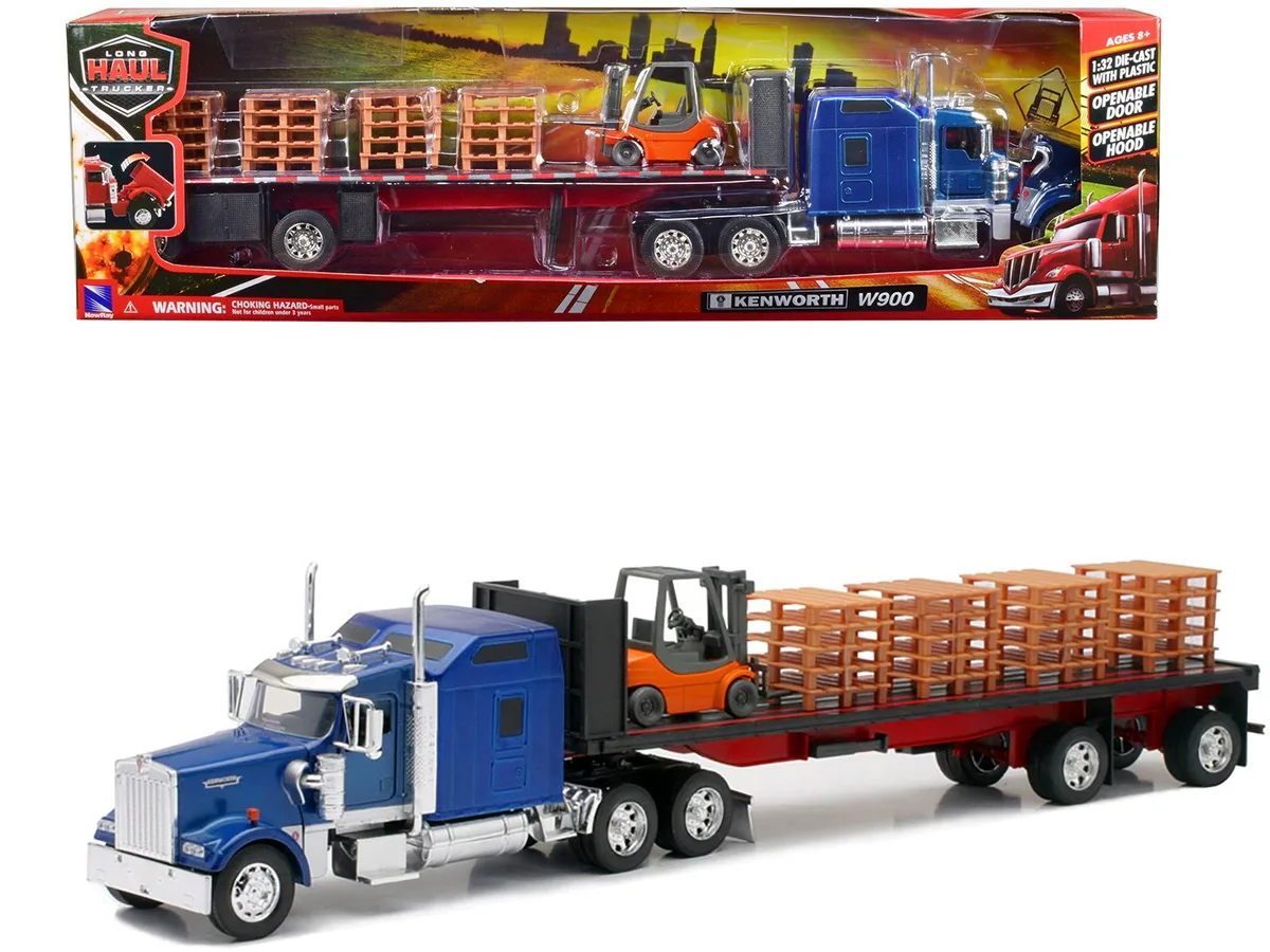 New Ray Toys New Ray Toys Kenworth W900 Flatbed Trailer Blue Forklift Pallets 1/32 Diecast — product photo