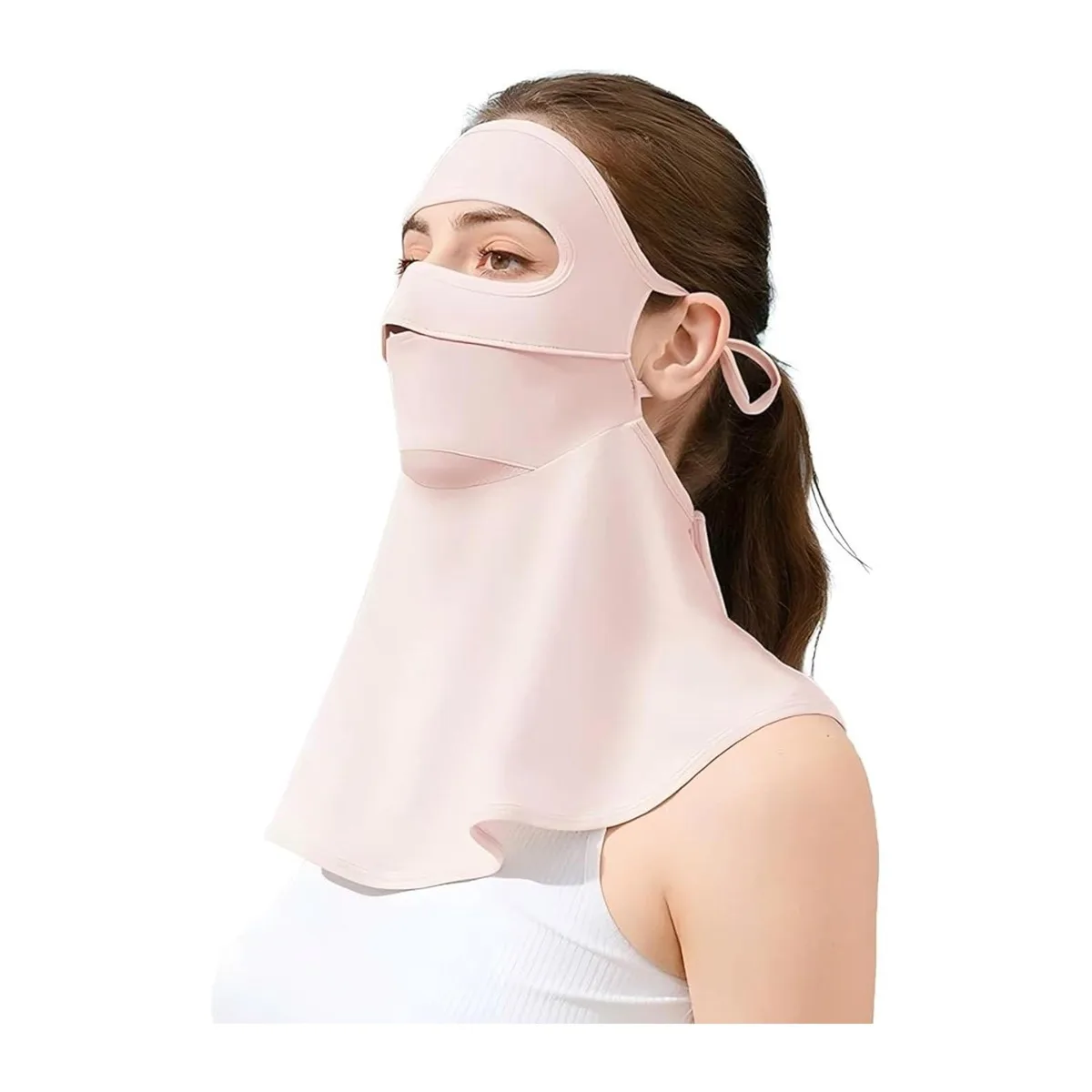 Pink full-face balaclava mask with extended eye and forehead coverage, ice silk fabric, adjustable ear straps