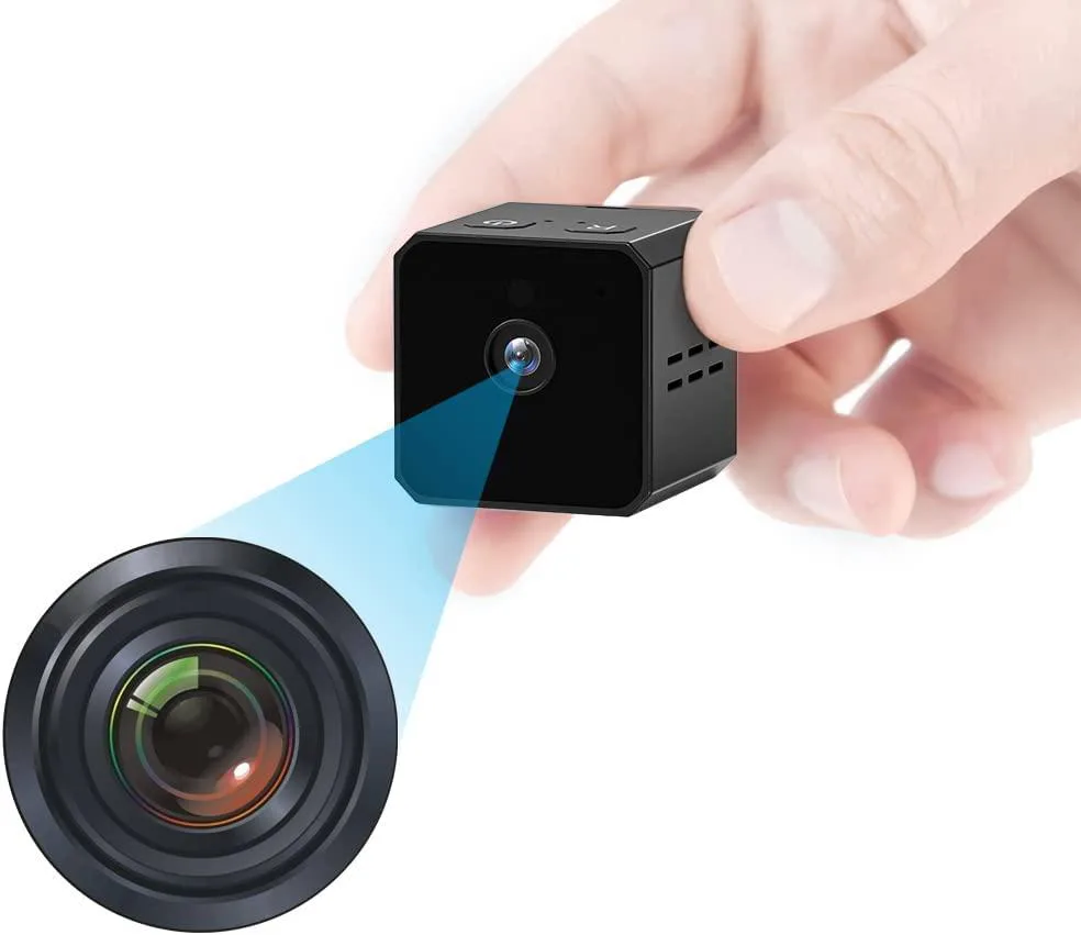 Tiny black cube camera, 1.1 inch sides, USB cable attached