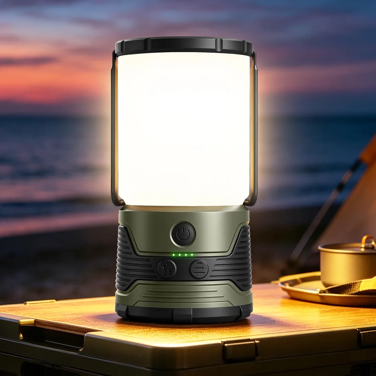Black cylindrical lantern with frosted diffuser and USB-C port