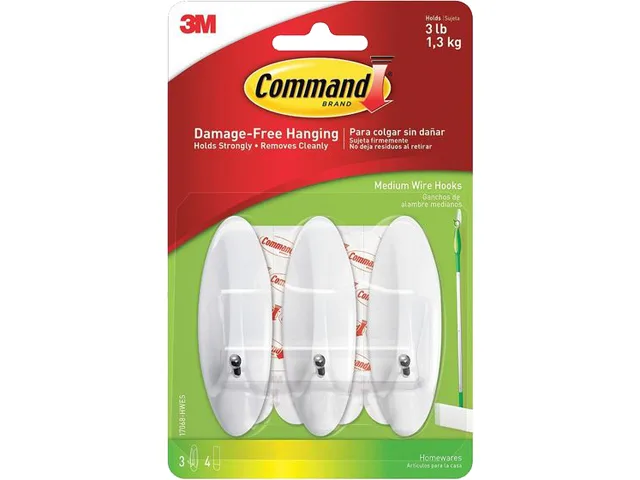 Two white plastic medium wire hooks with four adhesive strips