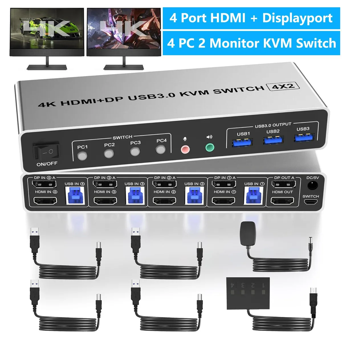 SMA SMA 4-Port DP+HDMI KVM Switch 2 Monitors 4K@60Hz 3 USB 3.0 — product photo
