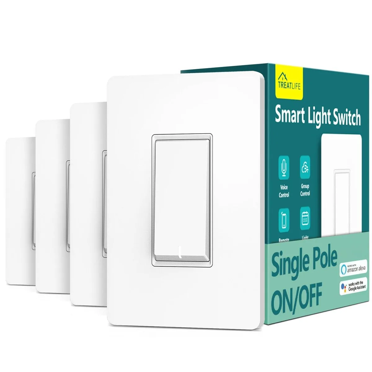 Four matte black rectangular smart switches with screwless wall plates
