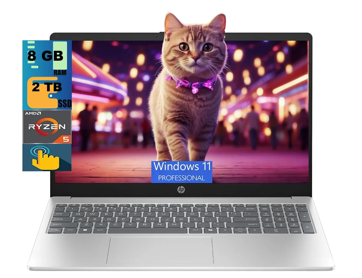 HP HP 15 laptop Ryzen 5 7520U 8GB 2TB PCIe SSD 15.6" touchscreen Windows 11 Pro Silver — product photo