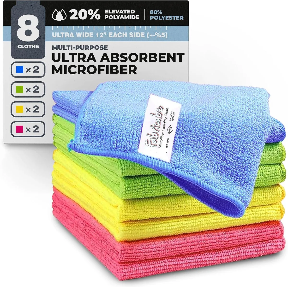 Twelve square microfiber cloths in assorted colours, vacuum-sealed, 11.5 inches each side
