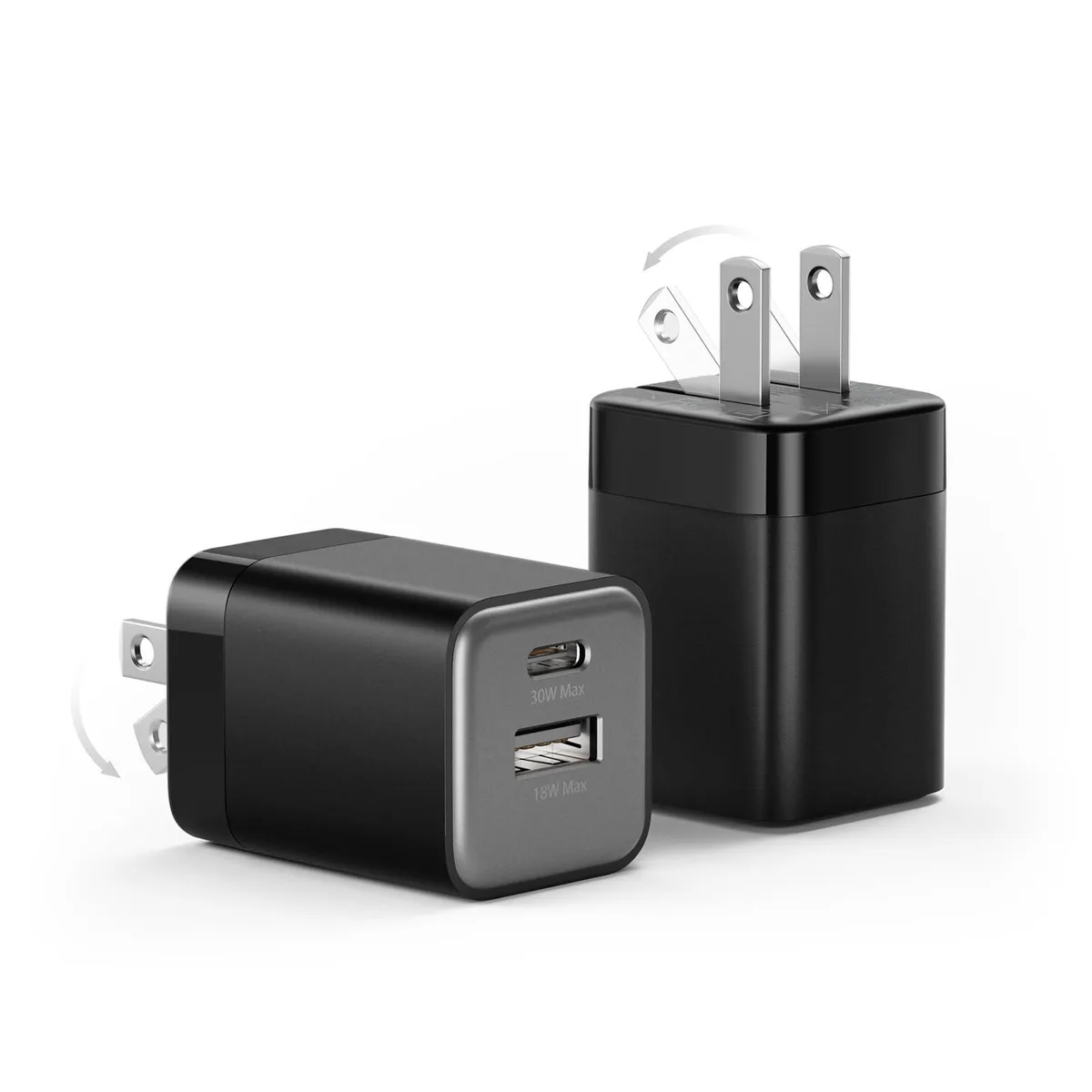 Two black USB-C chargers with foldable plugs side by side