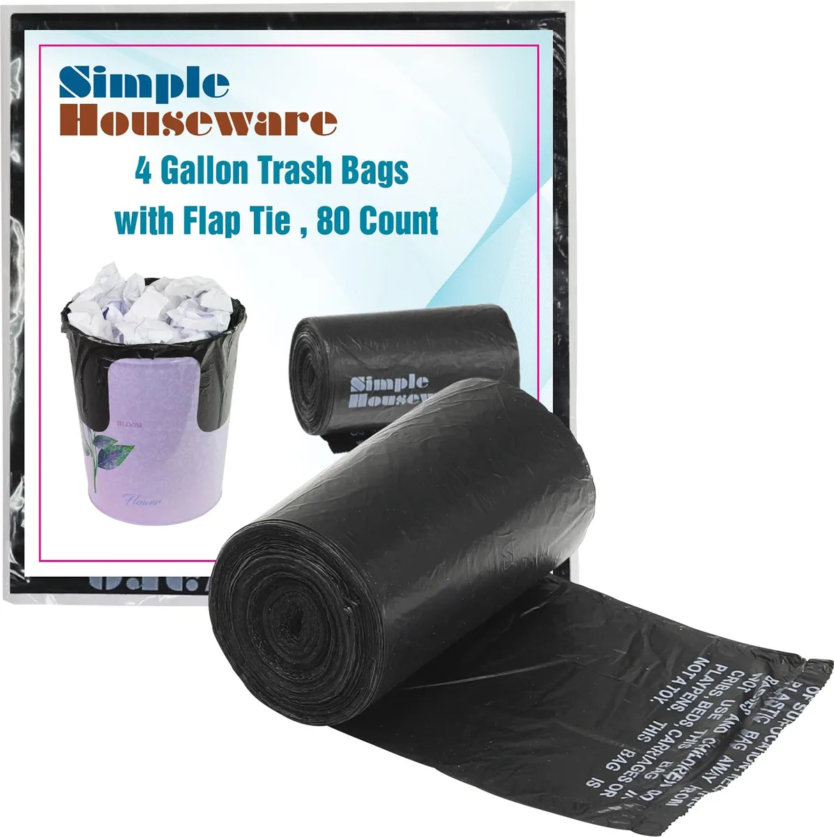 Pack of 80 black 4 gallon plastic trash bags with flap ties