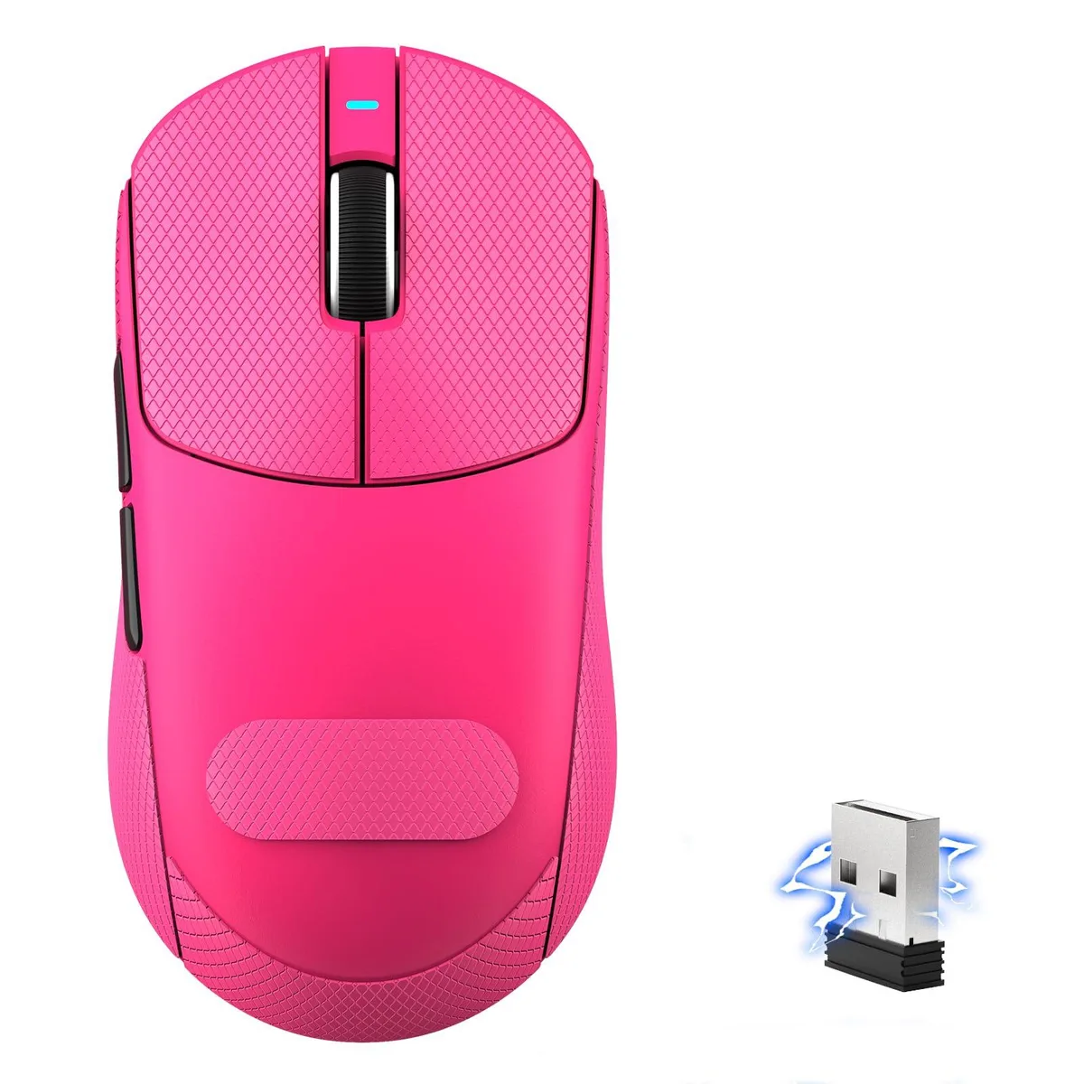 Black ergonomic gaming mouse with textured finish and transparent RGB receiver