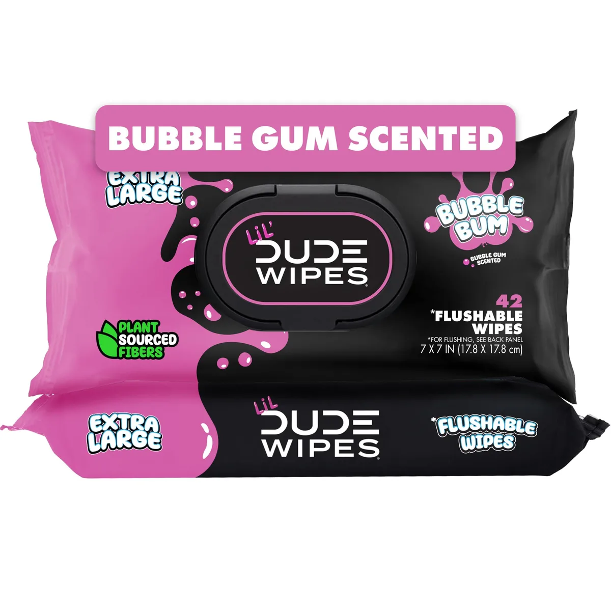Two rectangular packs of flushable wipes, bubble gum scent, plant-based fibres, 84 count total