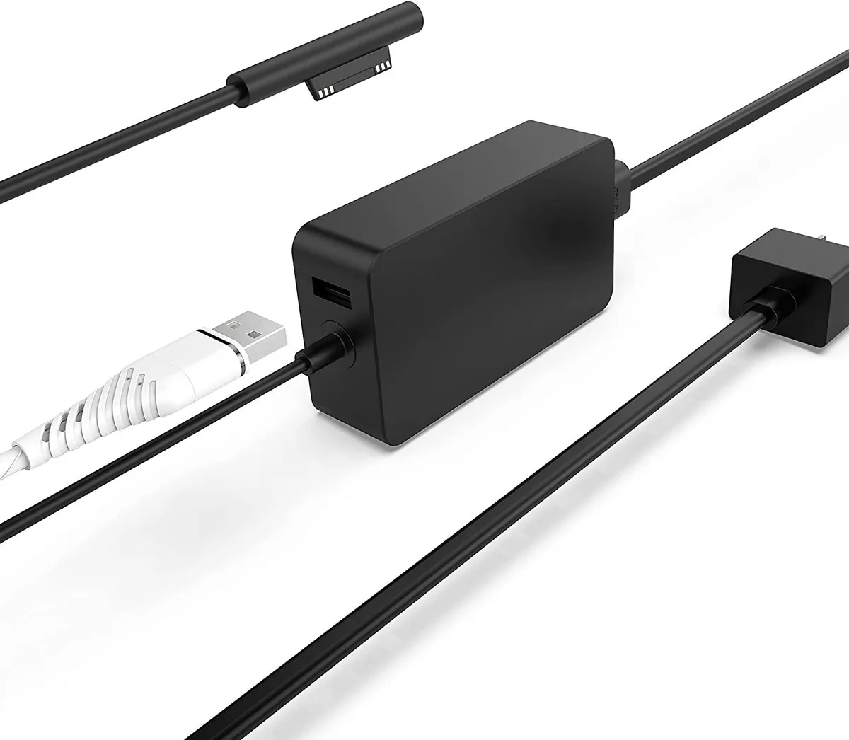 Compact black power brick with magnetic Surface connector and extra USB port
