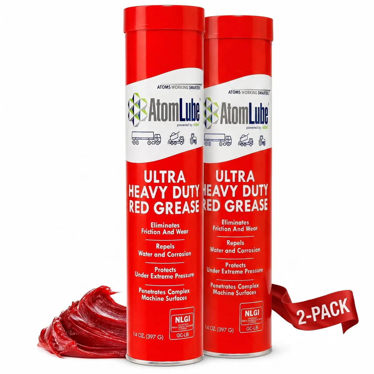 Two red grease tubes in a pack, cylindrical metal containers with caps