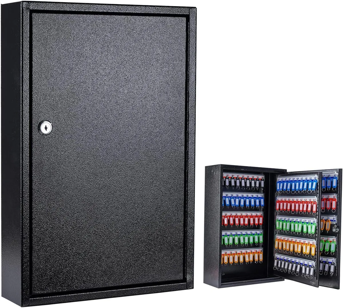 Wall-mounted steel key cabinet, black powder-coated finish, 200 hook positions, 14.96 by 5.51 by 21.65 inches, 18 lbs