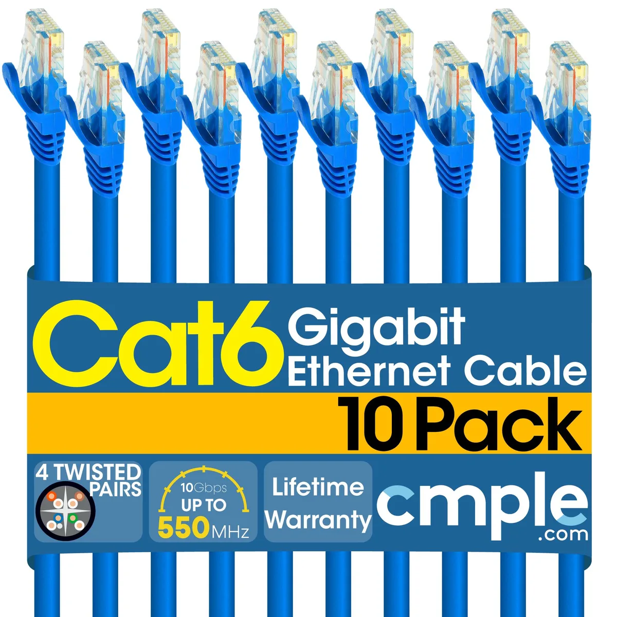CMPLE CMPLE Cat6 Ethernet Cable 10 ft Blue 10 Pack 550 MHz 10 Gbps — product photo