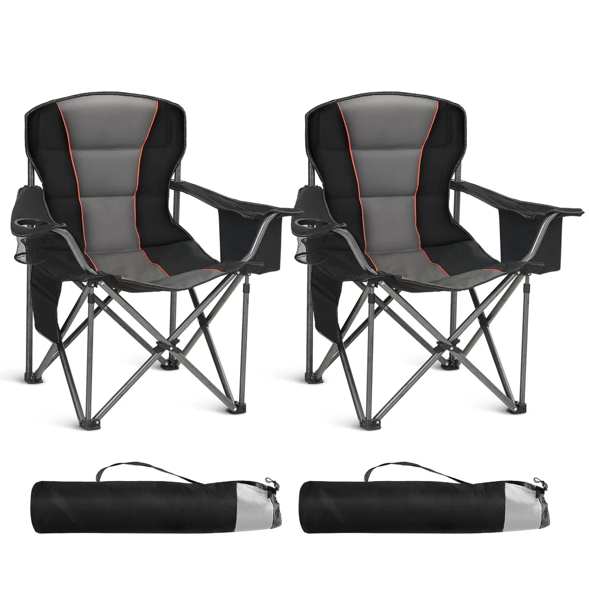 Two black oversized folding camp chairs with steel frames, fabric seats, cup holders, and carry bags