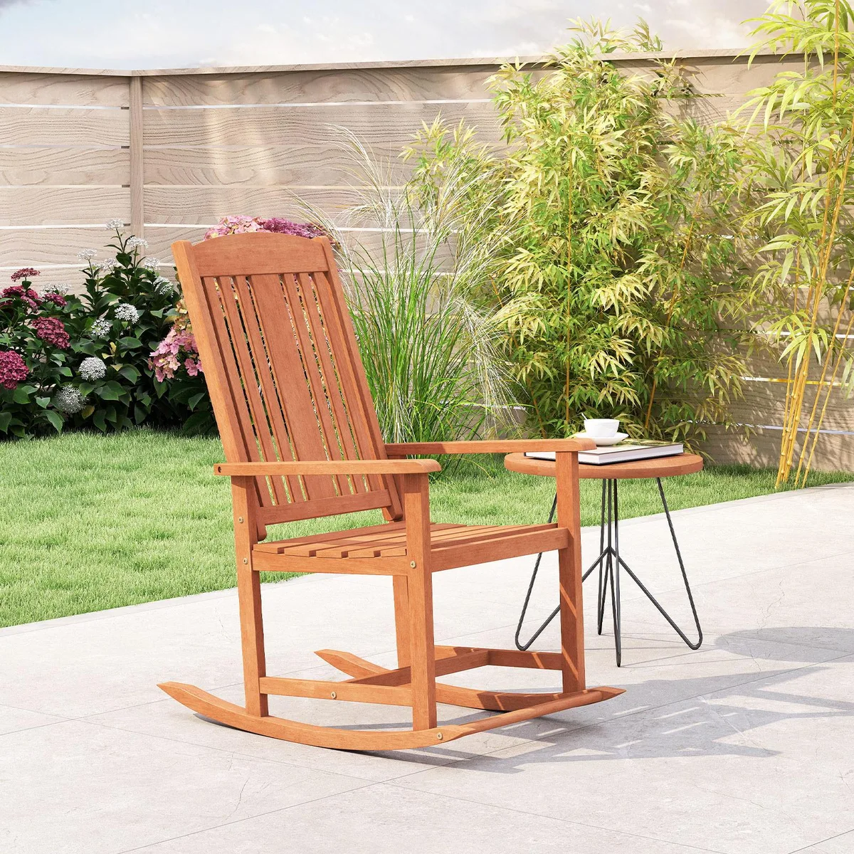 Solid-wood outdoor rocking chair, high slatted back, natural finish, grey cushions