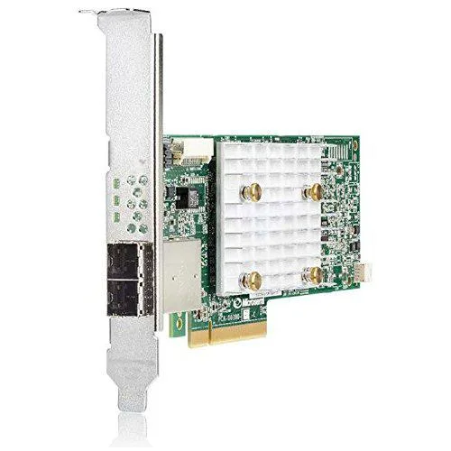 Green printed circuit board with silver PCIe x8 edge connector and two silver external SAS ports