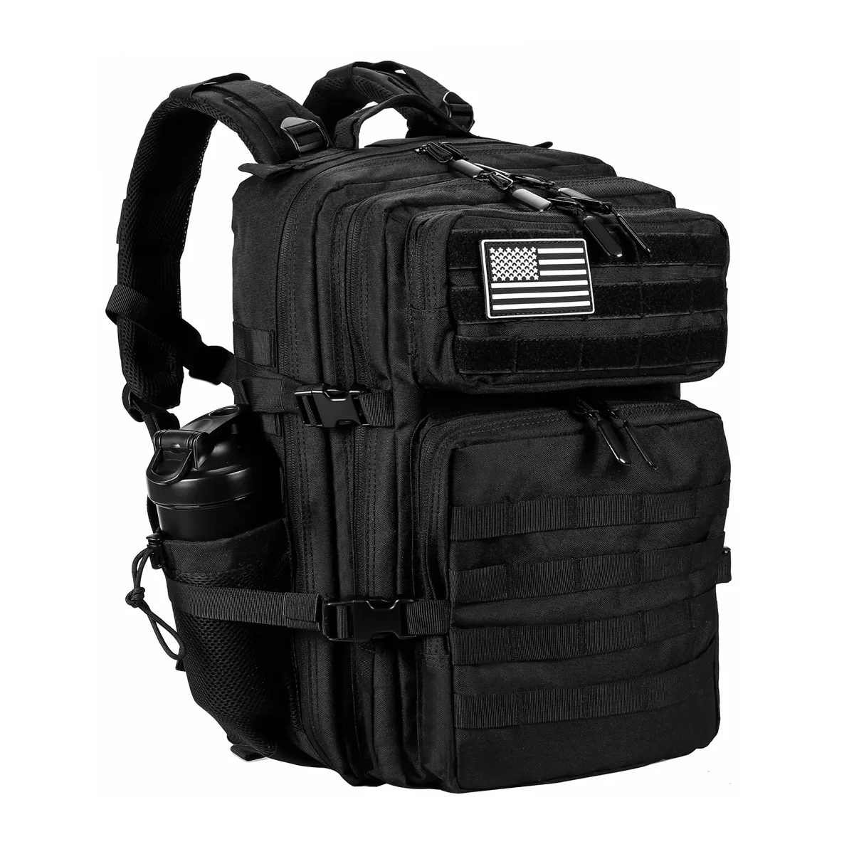 Black rectangular 45L tactical backpack with MOLLE webbing and compression straps