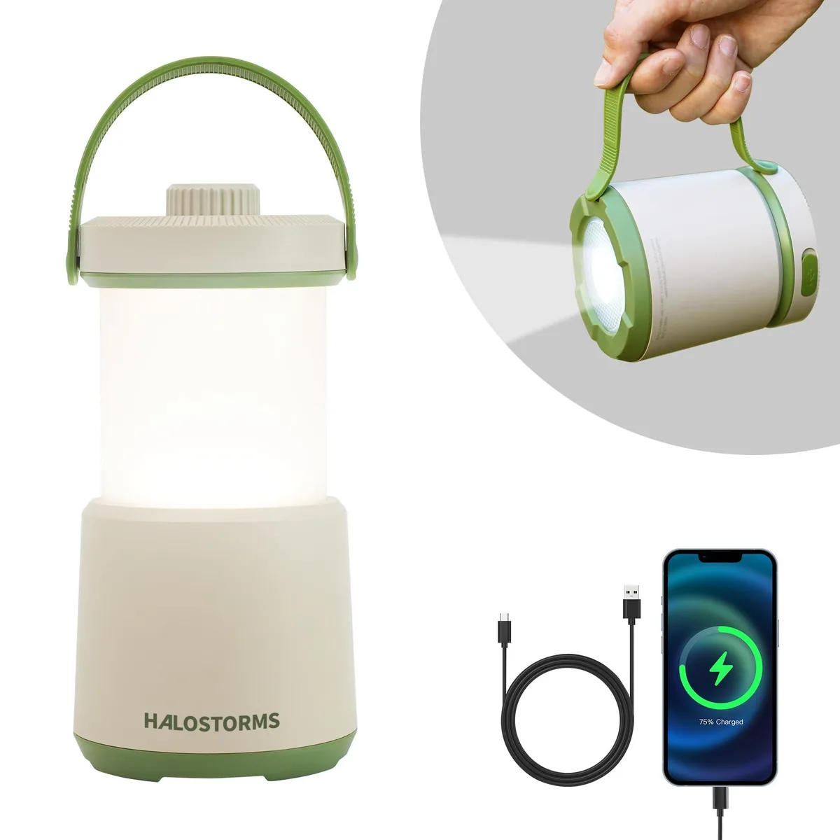 Yellow cylindrical camping lantern with collapsible body, top handle and dual hanging hooks