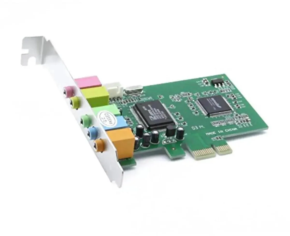 Green PCIe x1 sound card with gold edge connector and multiple 3.5mm audio jacks on metal bracket