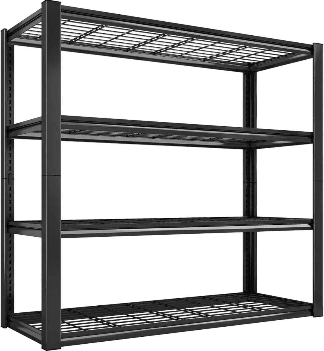 Four-tier metal shelving unit, silver finish, boltless frame, adjustable shelves, 40 inches wide