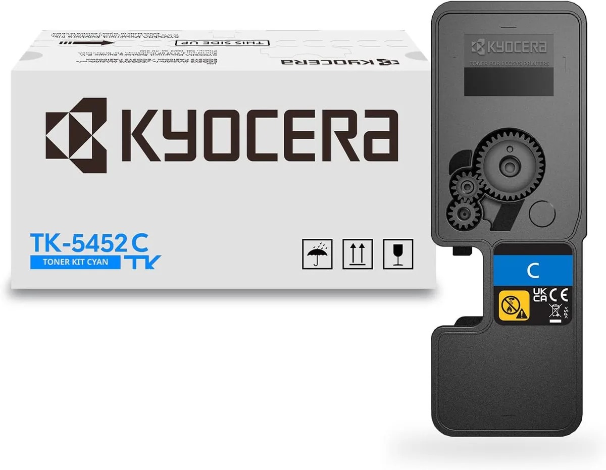 Rectangular cyan toner cartridge with Kyocera branding