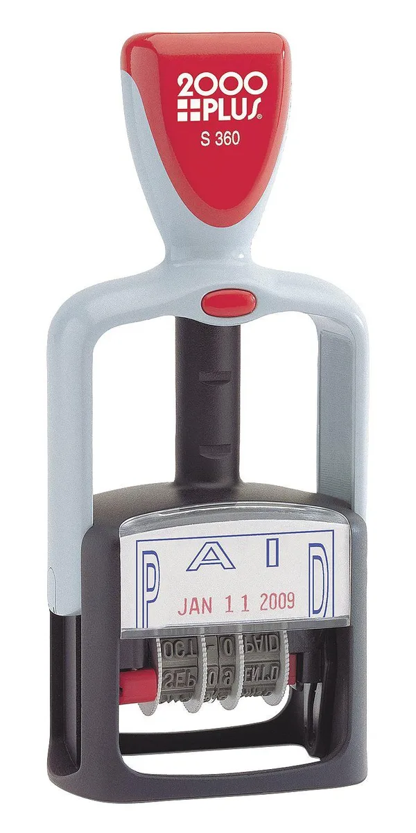 Metal date stamp with four adjustable bands reading PAID in blue and red ink