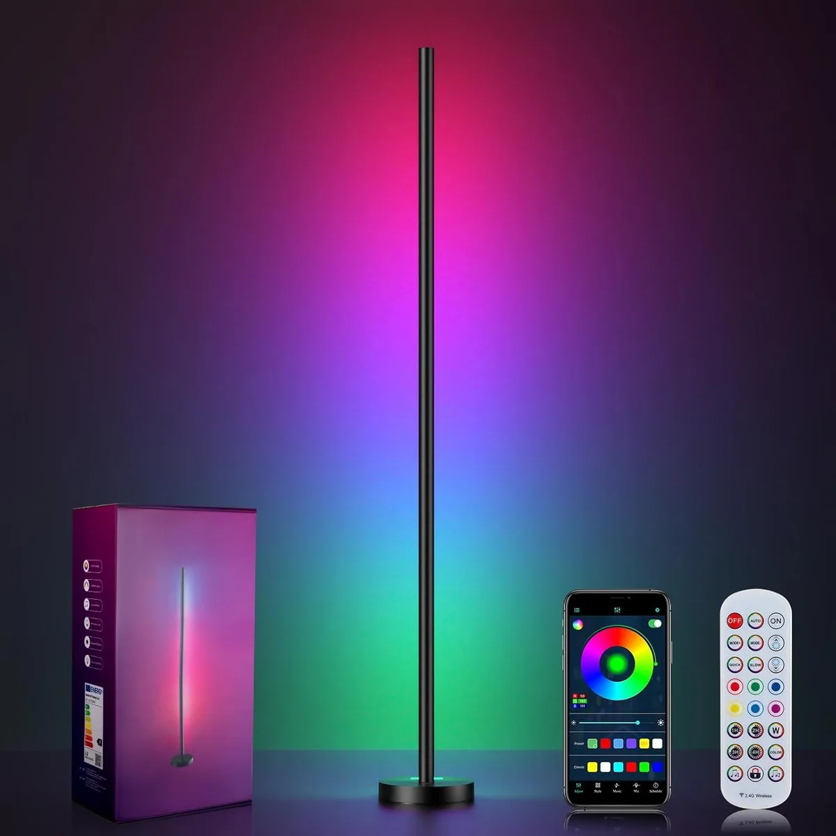 Tall corner floor lamp with segmented RGBICW LED lighting