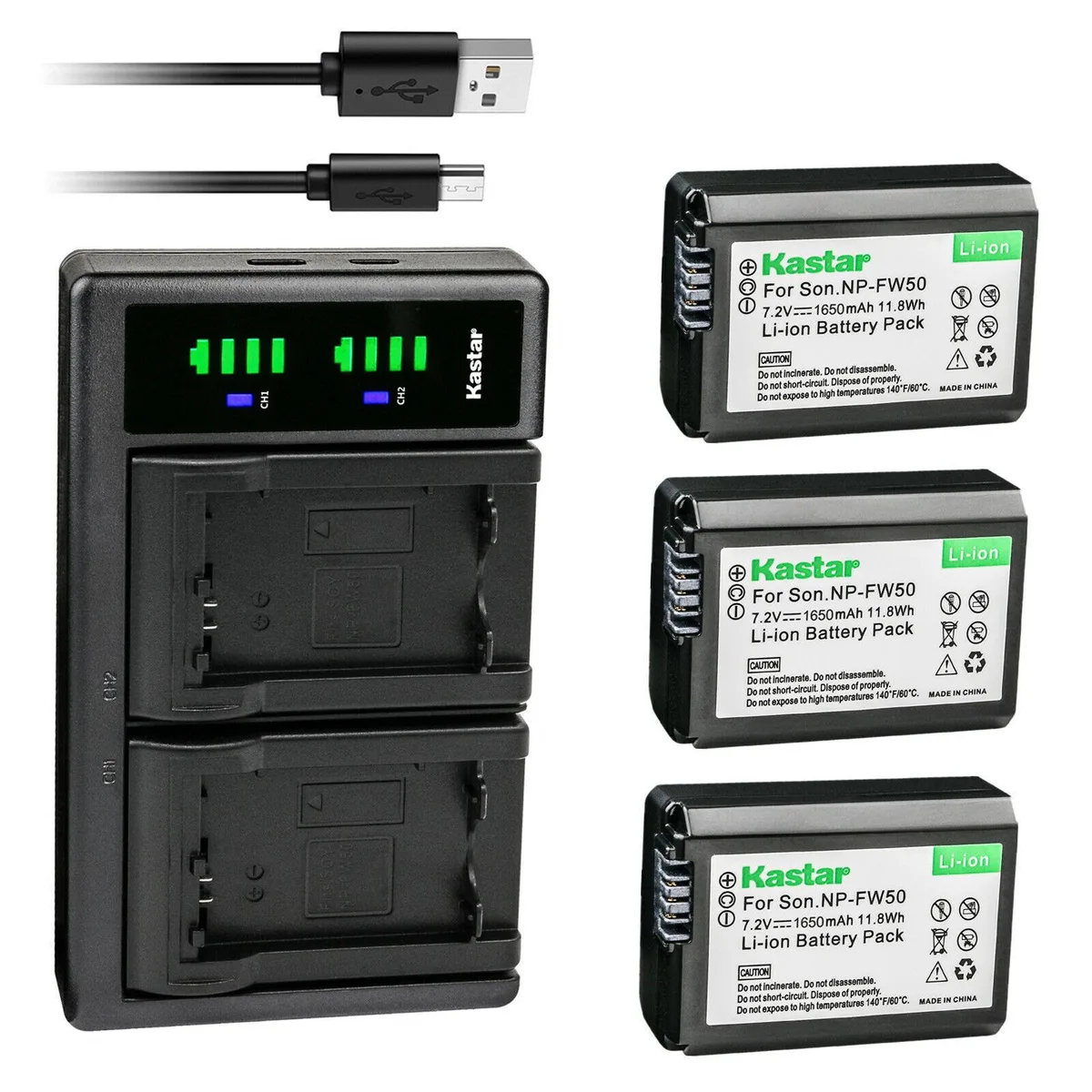 Kastar Kastar NP-FW50 3-pack battery + LTD2 USB charger 1650mAh 7.2V 11.8Wh — product photo