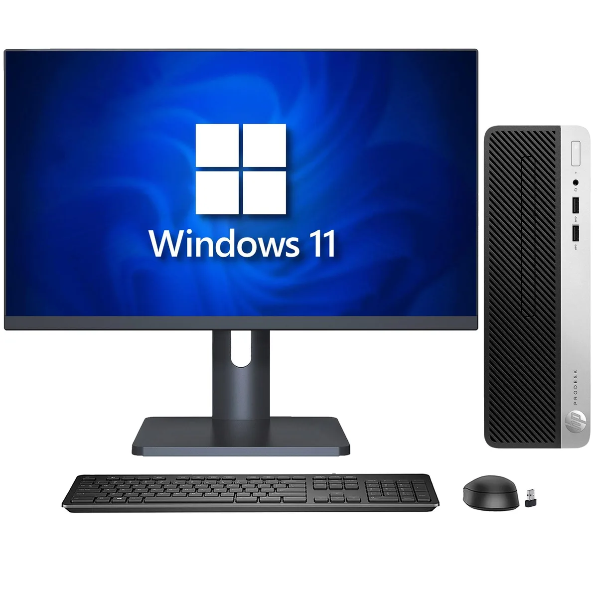 HP HP ProDesk 400 G5 SFF desktop PC, i3-8100, 32GB DDR4, 512GB SSD, 27" monitor — product photo