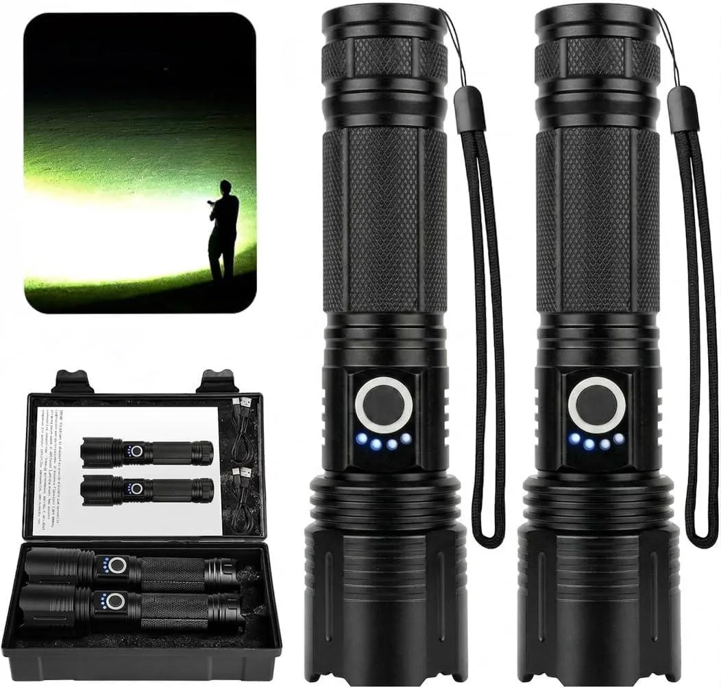 Two aluminium flashlights side by side, matte finish, USB cables attached
