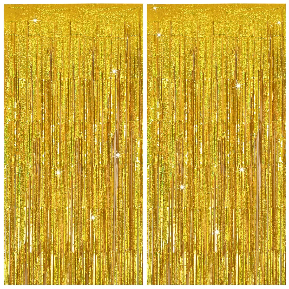 Two gold tinsel foil fringe curtains, each 36 by 72 inches, shiny metallic finish